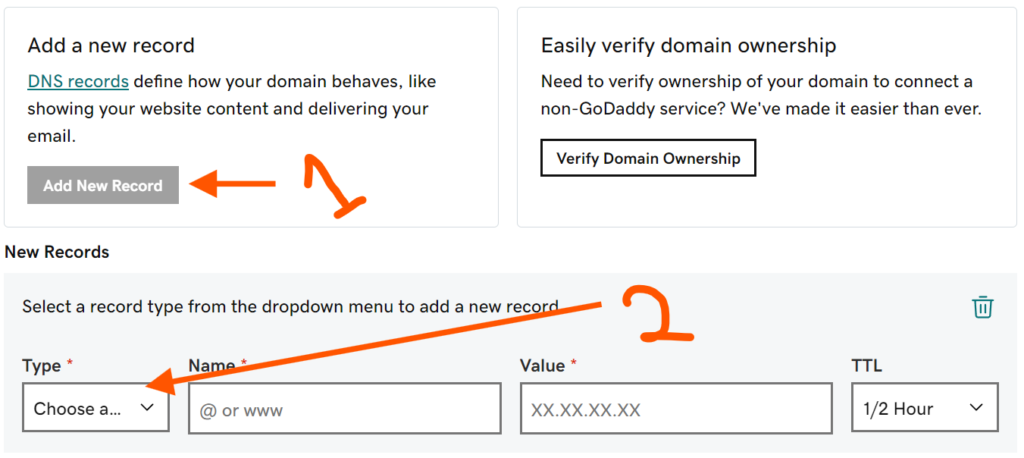 Steps on how to add a new record on go daddy and how to pull up the menu on the different record types