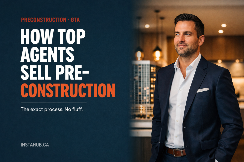 GTA preconstruction agent standing in a luxury sales centre - InstaHub real estate marketing guide.