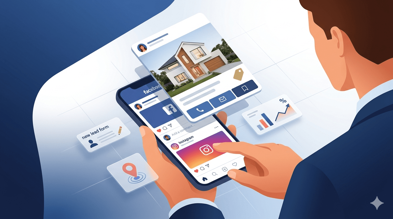 real estate agent browsing a property listing Meta ad on a smartphone