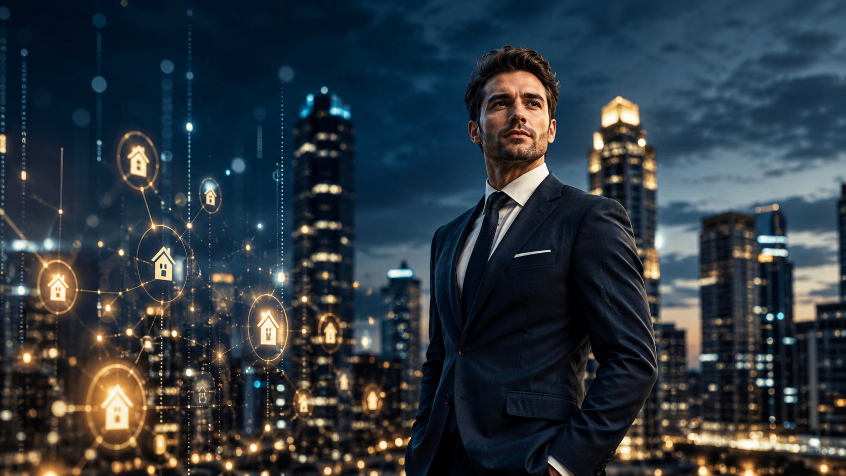 Cinematic editorial photograph, dark moody background, a sharp-dressed real estate professional standing confidently in a modern city skyline at dusk, subtle digital data streams and glowing lead icons floating in the foreground, deep navy and gold color palette, professional lighting, high contrast, ultra sharp, photorealistic, no text, no watermarks, 16:9 aspect ratio