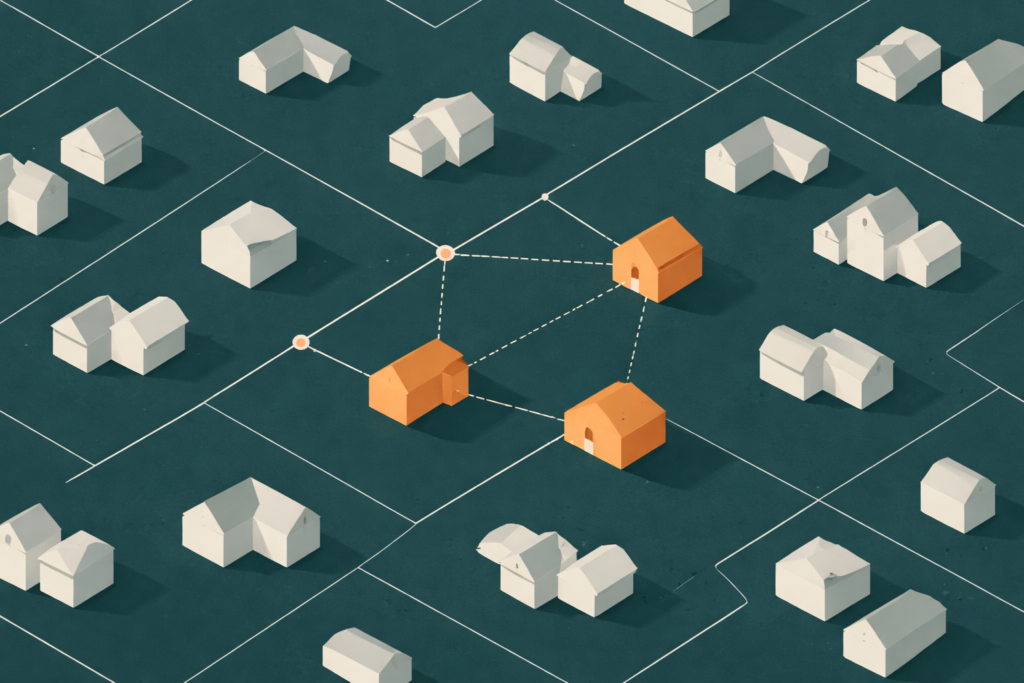 Aerial diagram of a simplified neighbourhood grid with connected properties highlighted in orange on a dark teal background, illustrating real estate lead generation